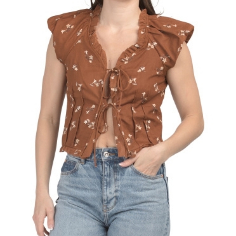 NWT - Us Together Cotton Pull Sleeve Brown Floral Tie Front Top - Size XL